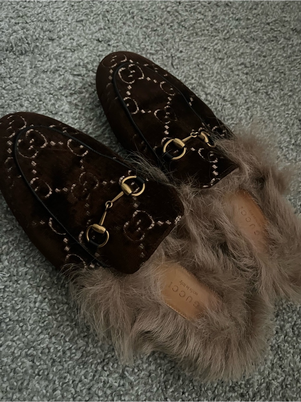 Gucci Brown Fur-Trim Princetown Velvet Loafers